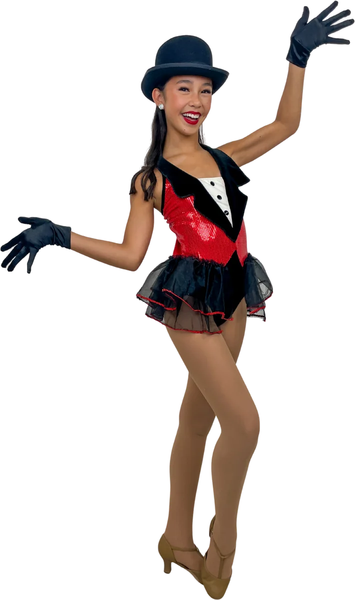 Dancer in a red sequin tuxedo leotard, bowler hat and black gloves, one arm raised